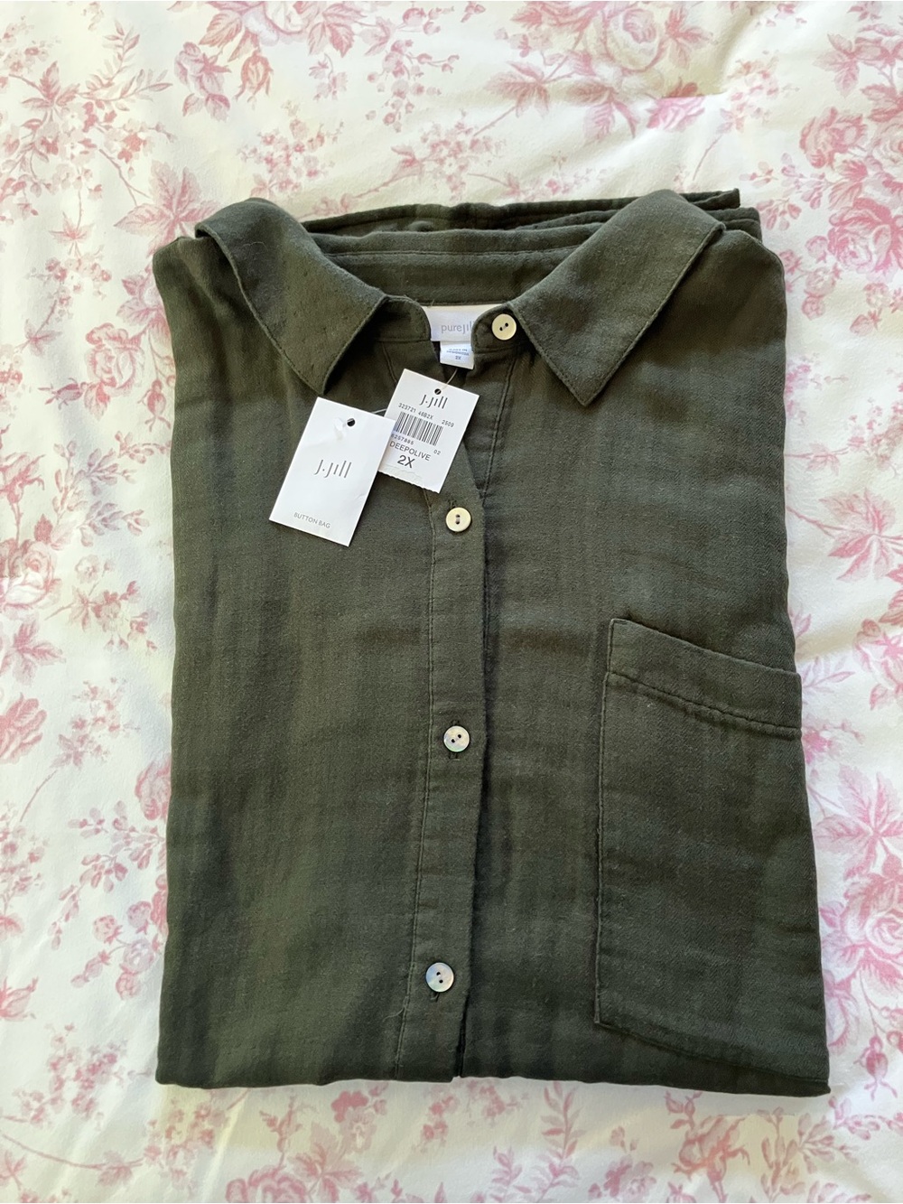 J. Jill Olive Green Casual Button-Down Shirt Double Cloth 100% Cotton